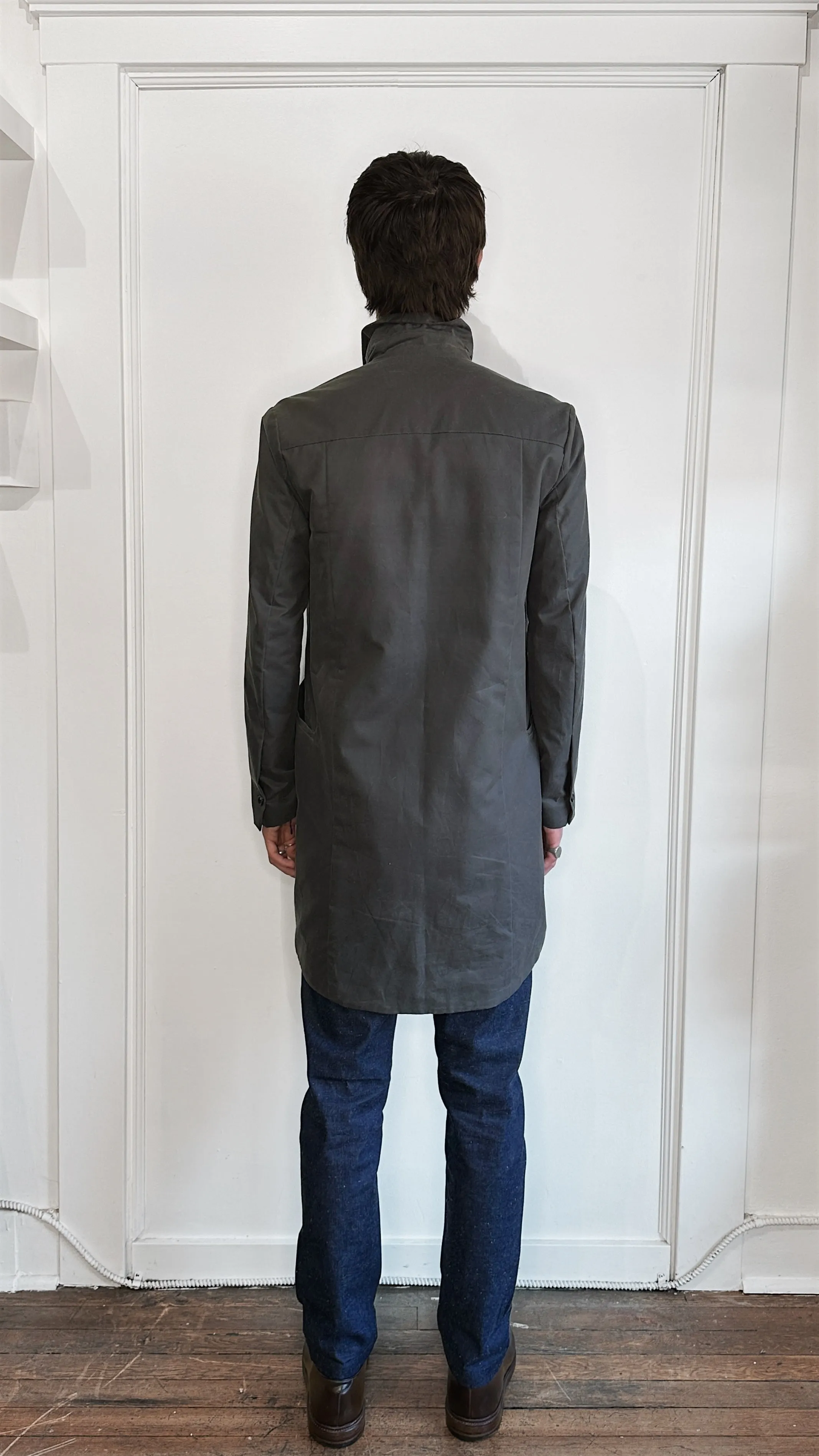 18 Waits Dark Grey Waxed Cotton DB Overcoat Small