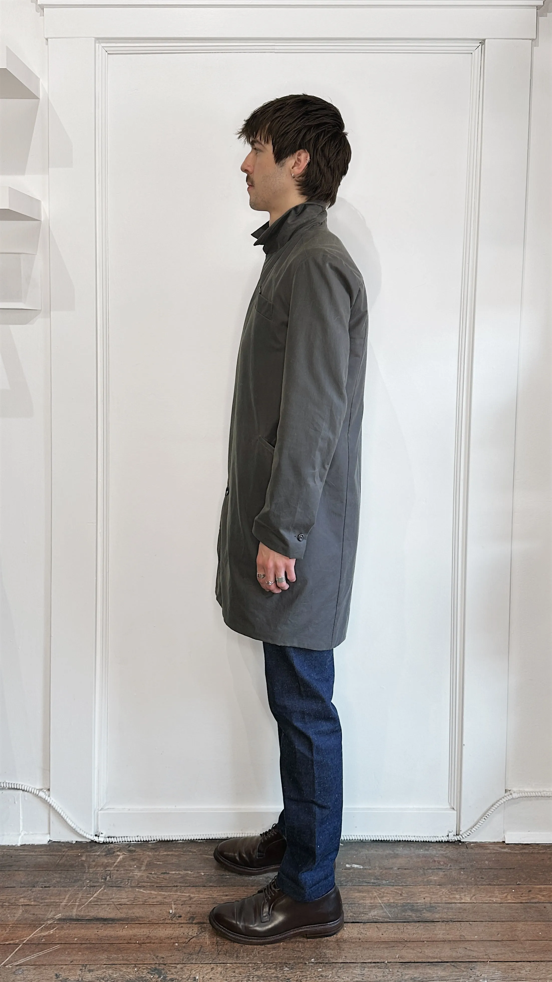 18 Waits Dark Grey Waxed Cotton DB Overcoat Small