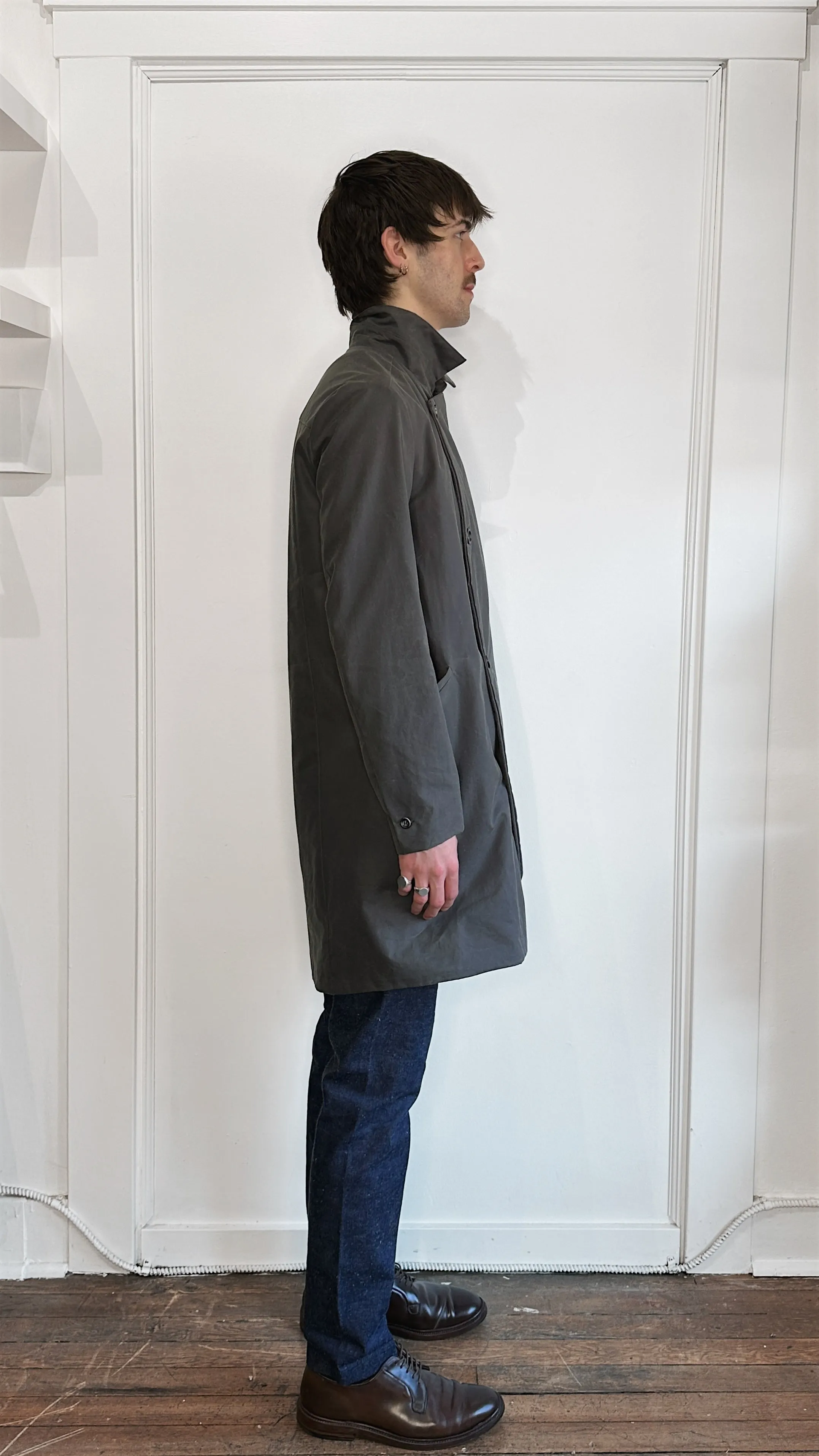 18 Waits Dark Grey Waxed Cotton DB Overcoat Small