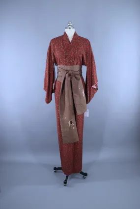 1940s Vintage Silk Kimono Robe / Rust Brown Abstract Floral