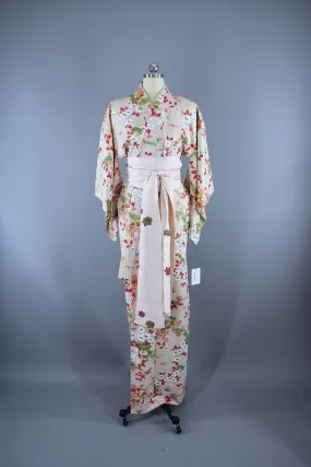 1960s Vintage Silk Kimono Robe / Ivory Cherry Blossom Floral Print