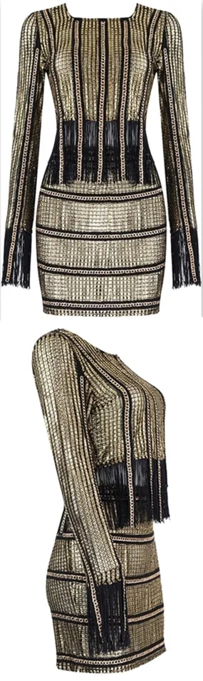 2 Pc Fringed Gold Top & Skirt Set