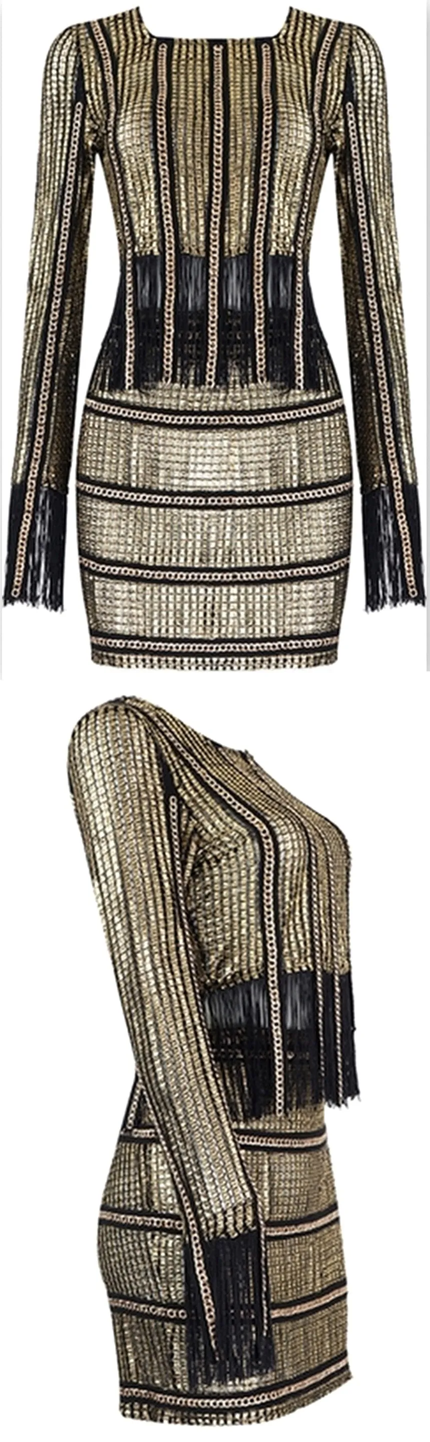 2 Pc Fringed Gold Top & Skirt Set