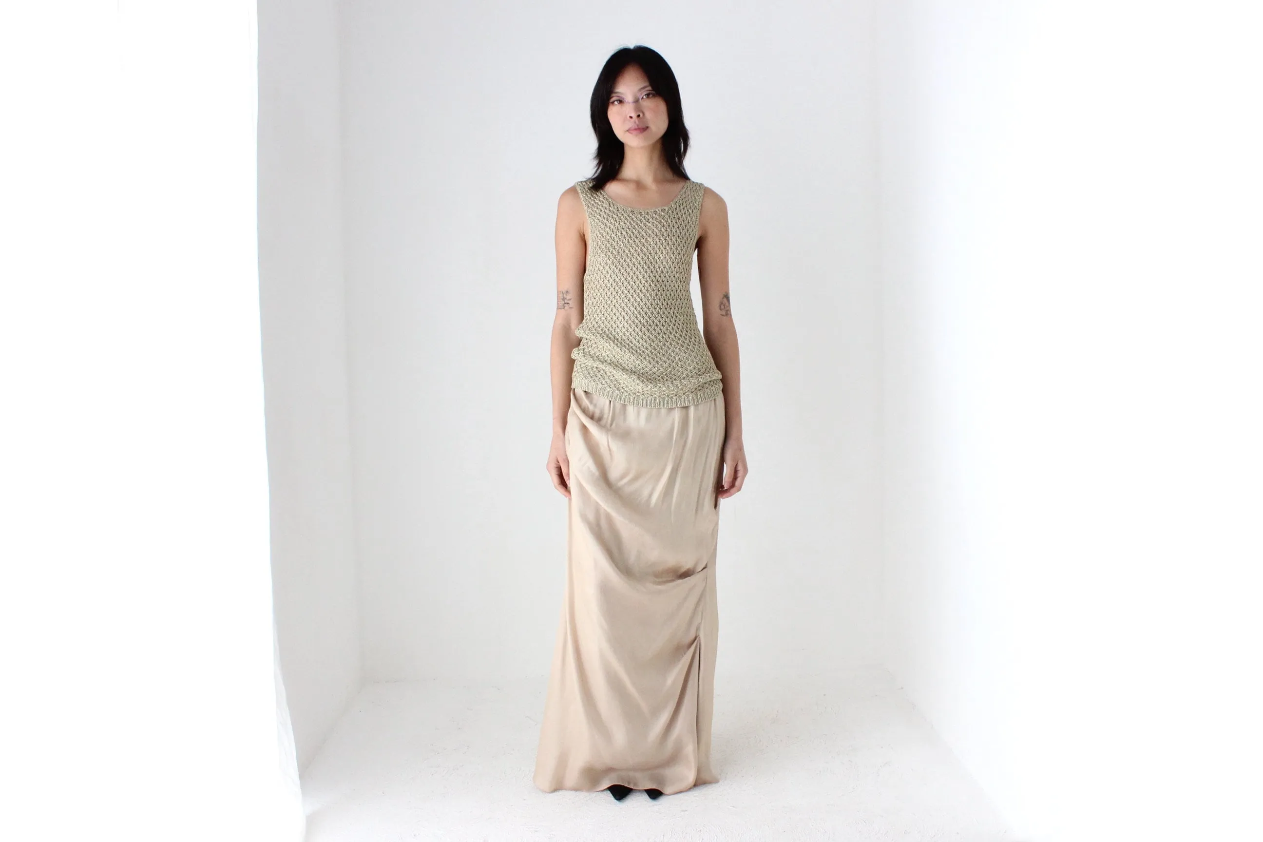 90s Draped Greek Statue Subtle Gold Maxi Skirt