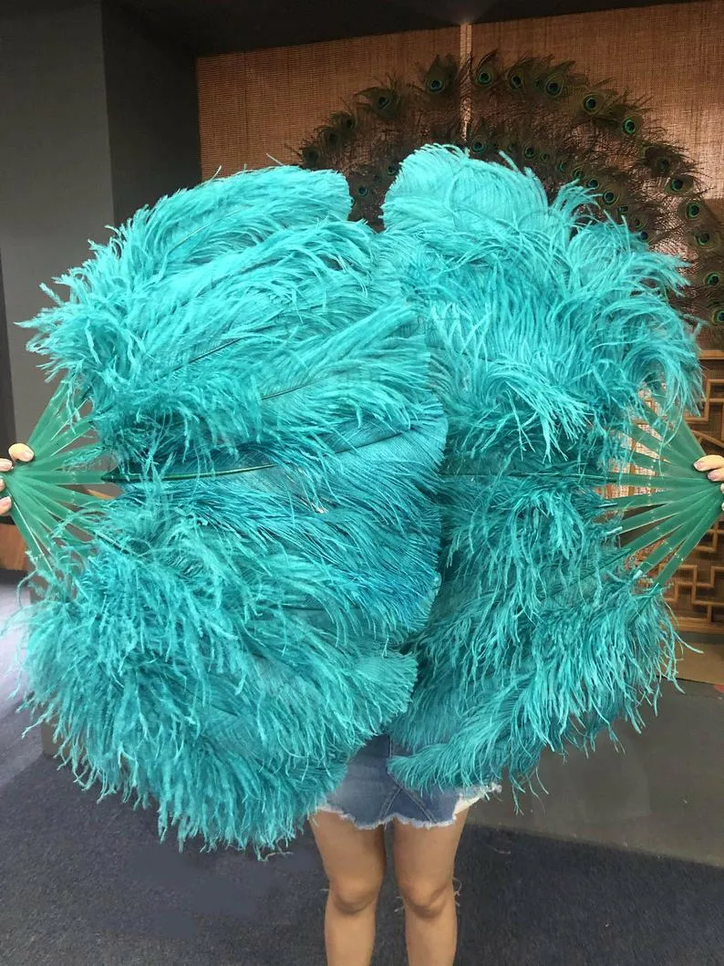 A pair teal Single  Single layer Feather fan 24"x 41"