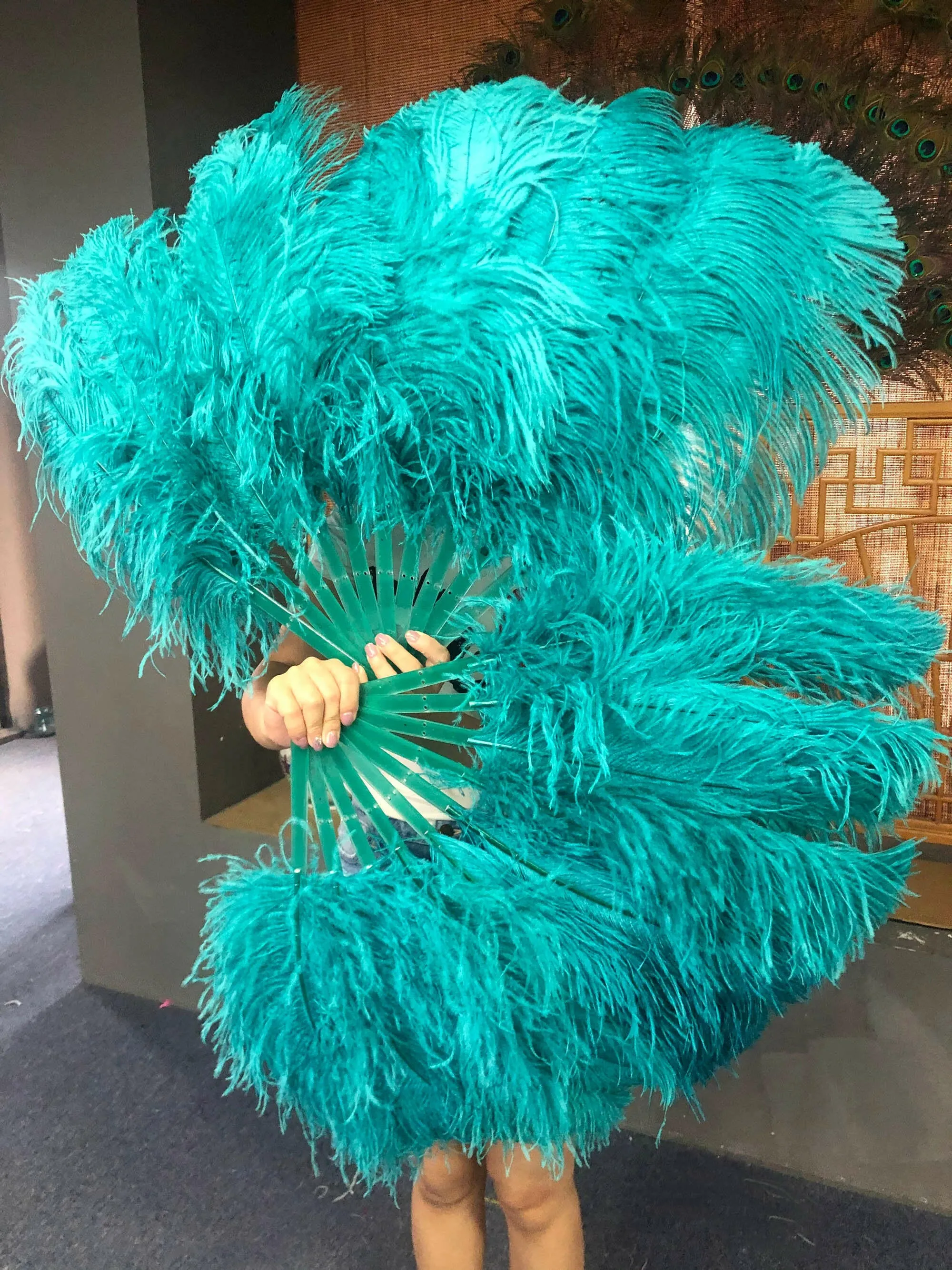 A pair teal Single  Single layer Feather fan 24"x 41"
