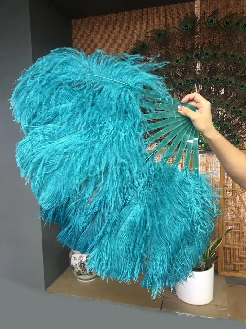 A pair teal Single  Single layer Feather fan 24"x 41"
