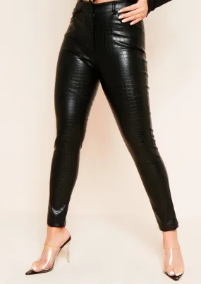 Aubrey Black Croc Print PU Trousers