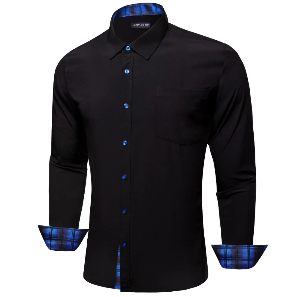 Barry Wang Mens Solid Black and Blue Plaid Splicing Long Sleeve Silk Shirt