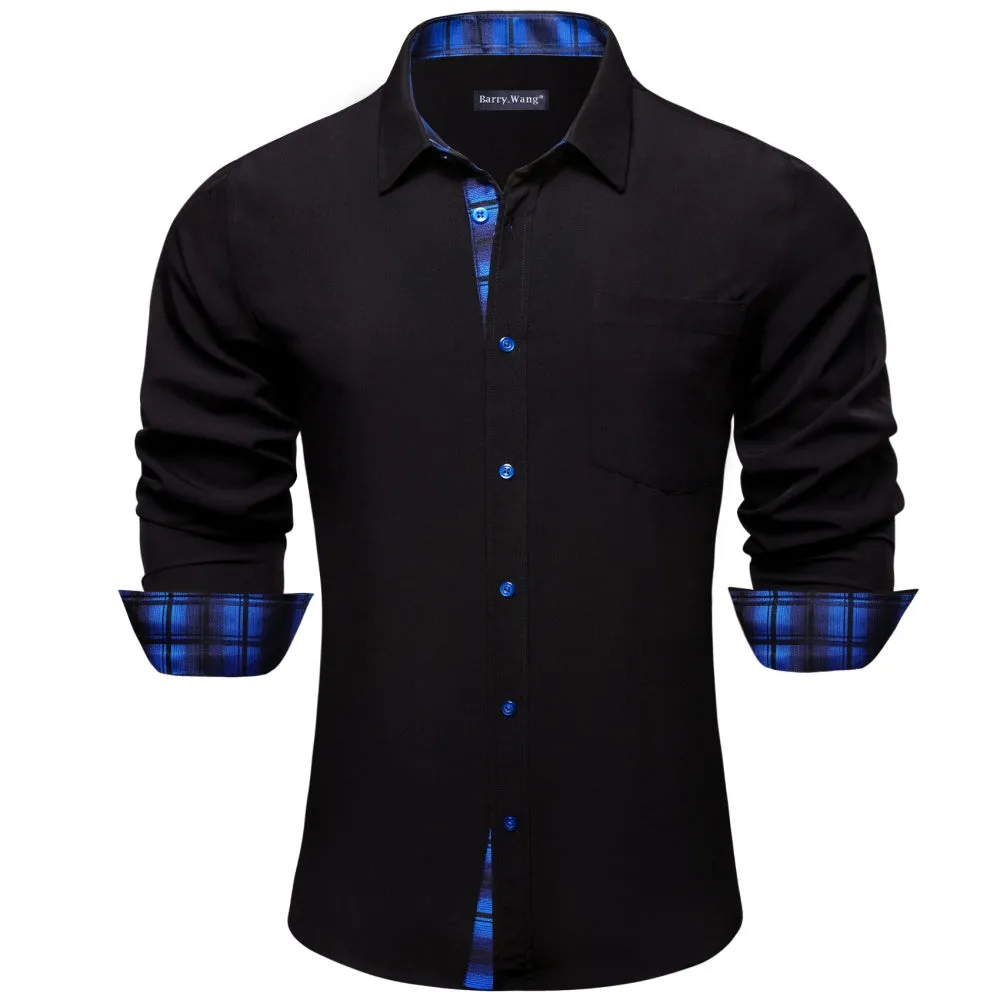 Barry Wang Mens Solid Black and Blue Plaid Splicing Long Sleeve Silk Shirt