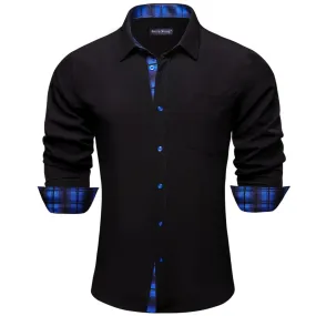 Barry Wang Mens Solid Black and Blue Plaid Splicing Long Sleeve Silk Shirt