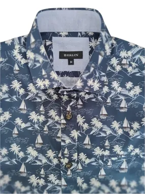 Berlin S388 S/S Pacific Print Shirt - Navy