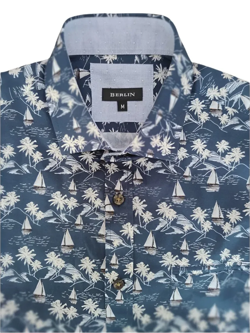 Berlin S388 S/S Pacific Print Shirt - Navy