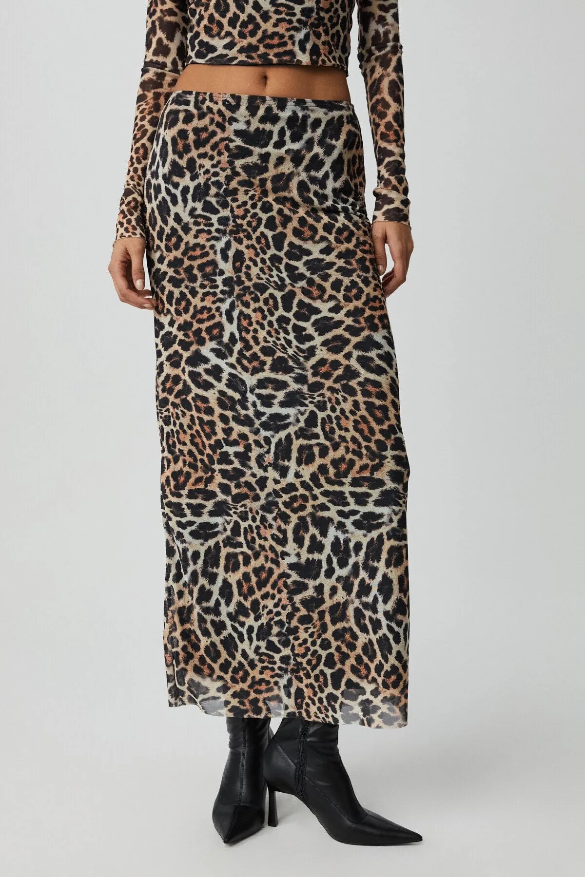 BEULAH Kadın Maxi Boy Slim Fit Beli Lastikli Tül Batik Desenli Leopar Desenli Etek