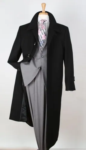 Black Diamond Mens Solid Black 100% Wool Gabardine Belted Duster Overcoat