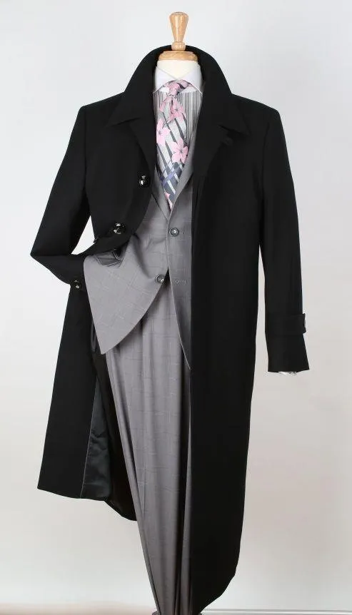 Black Diamond Mens Solid Black 100% Wool Gabardine Belted Duster Overcoat
