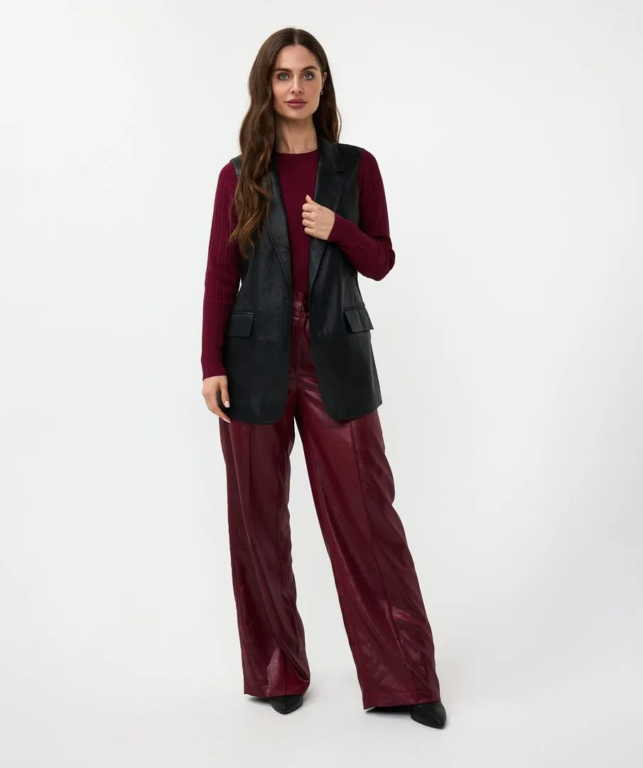 Black Leatherette Blazer Gilet with Pocket Detail