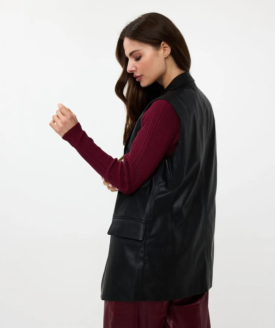 Black Leatherette Blazer Gilet with Pocket Detail