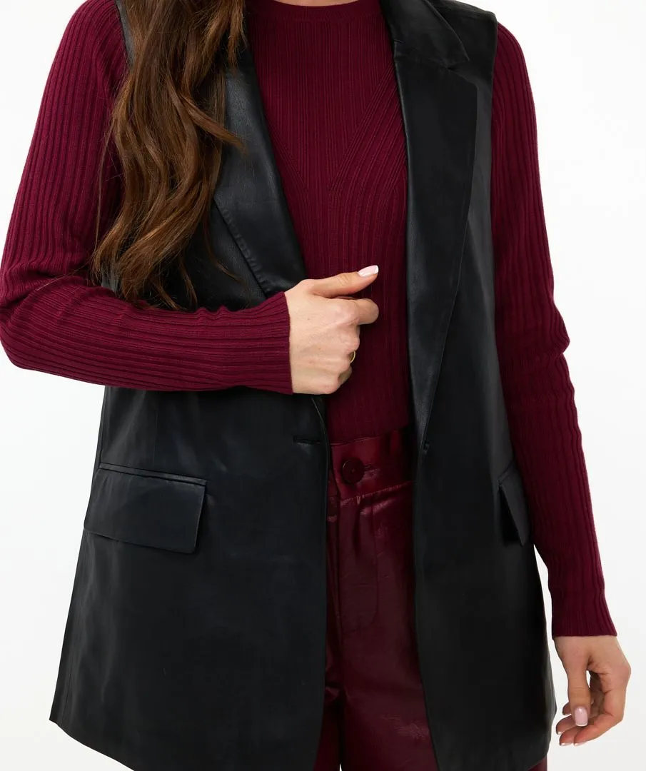 Black Leatherette Blazer Gilet with Pocket Detail