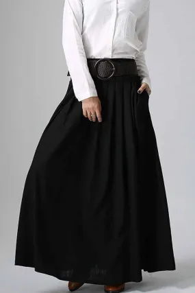 Black long pleated maxi skirt, sofe linen skirt 0904#