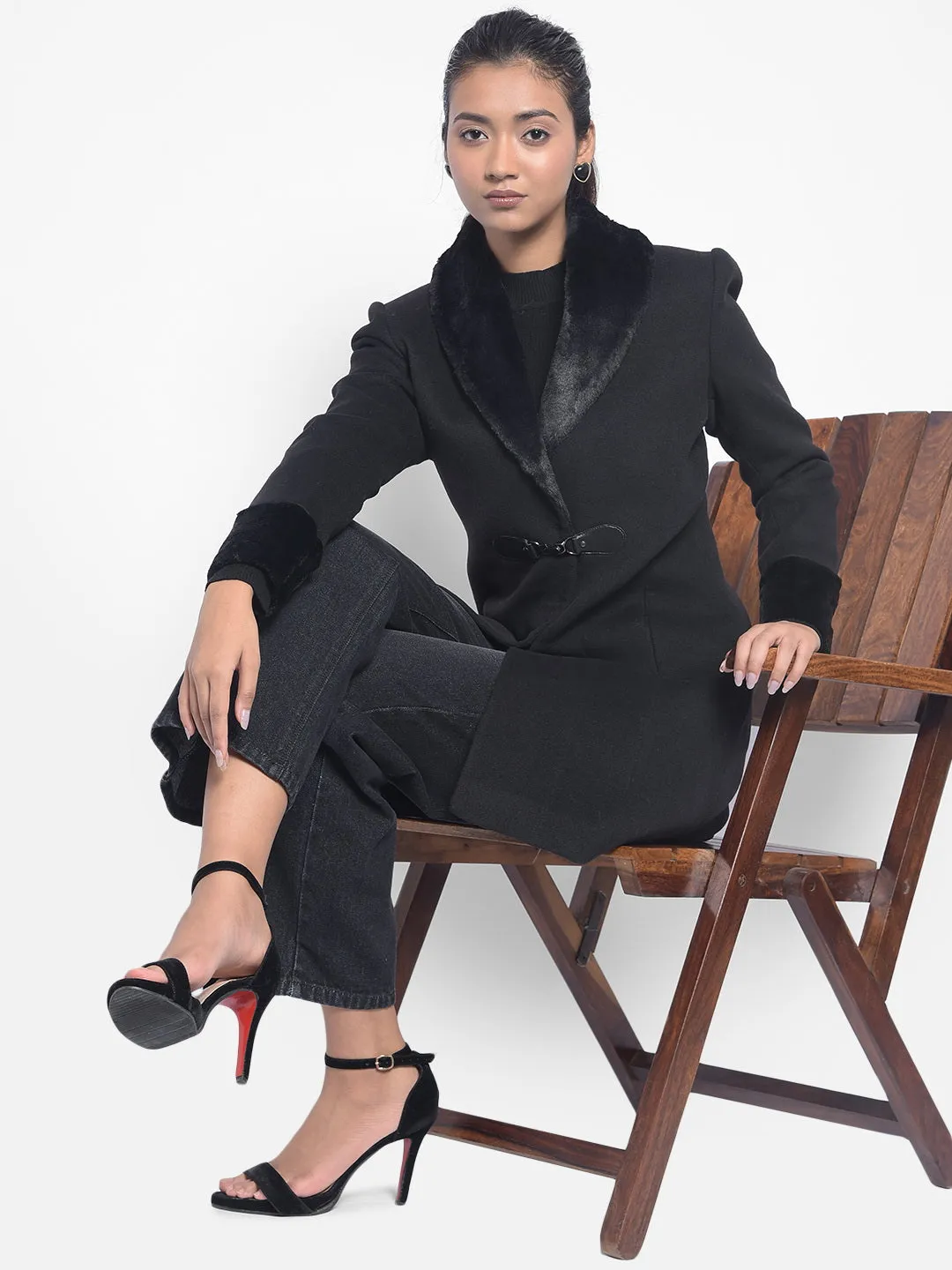 Black Notched Lapel Collar Overcoat