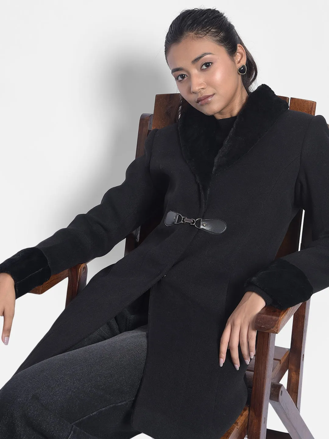 Black Notched Lapel Collar Overcoat