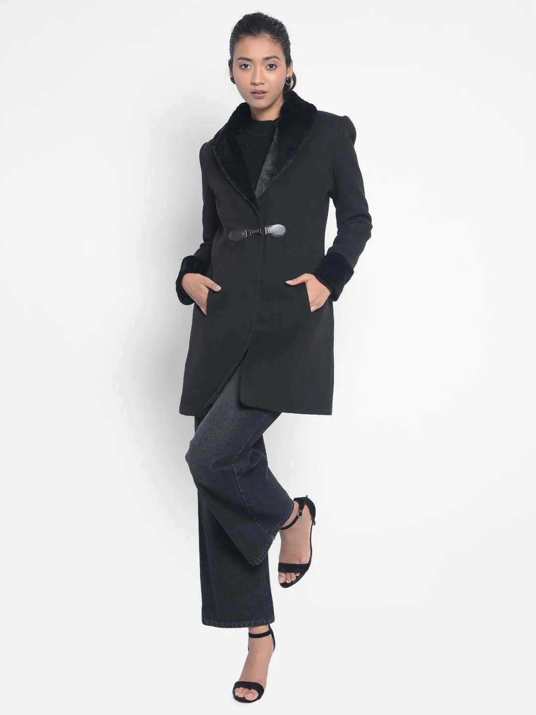 Black Notched Lapel Collar Overcoat