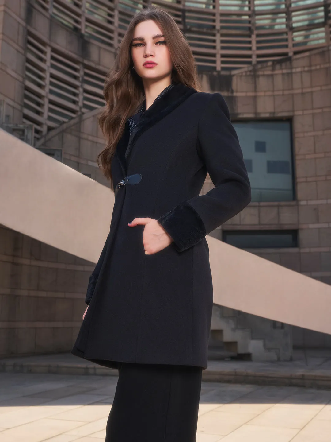 Black Notched Lapel Collar Overcoat