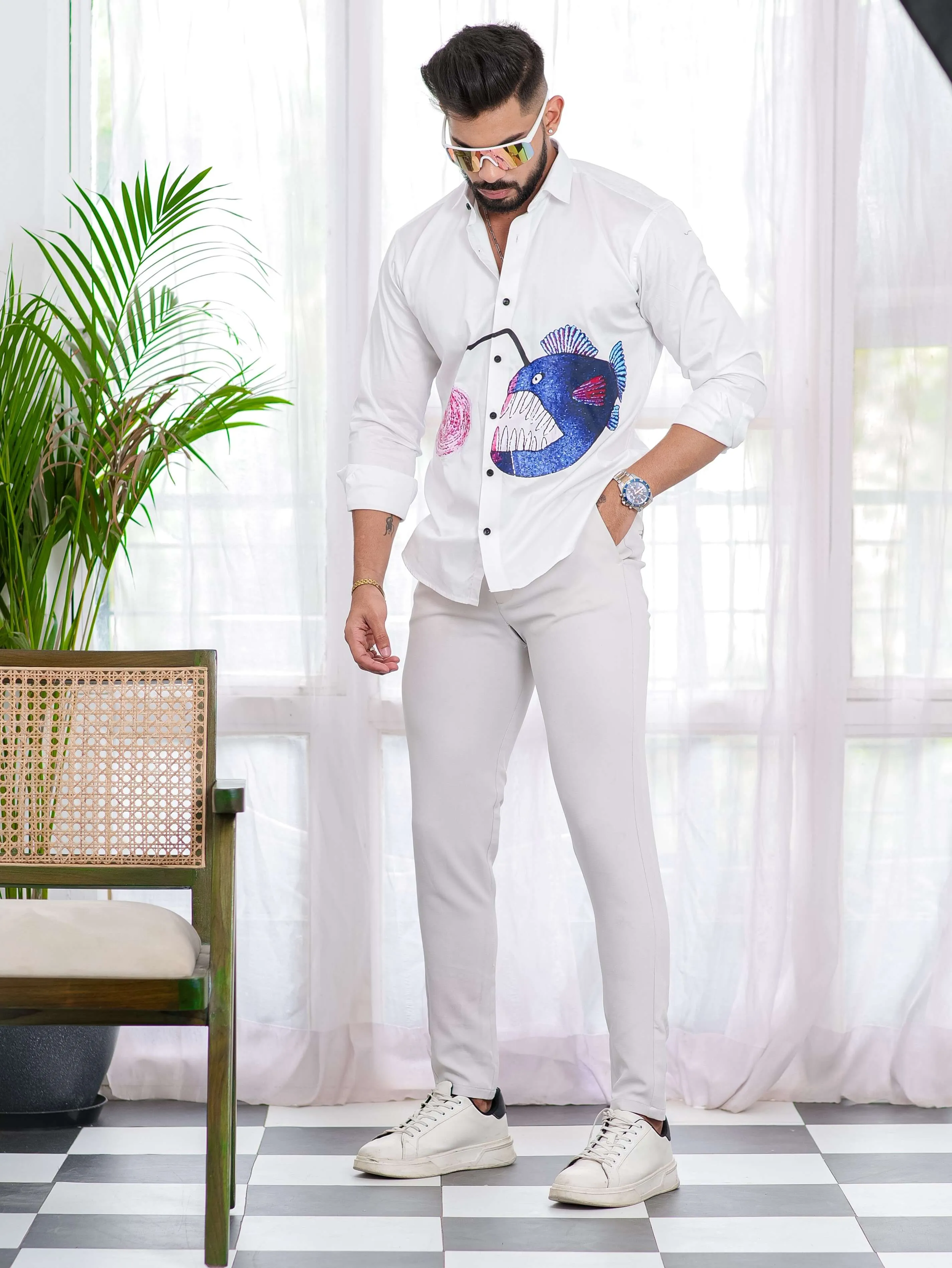 Blue Fish White Club Wear Printed Satin Cotton Shirt