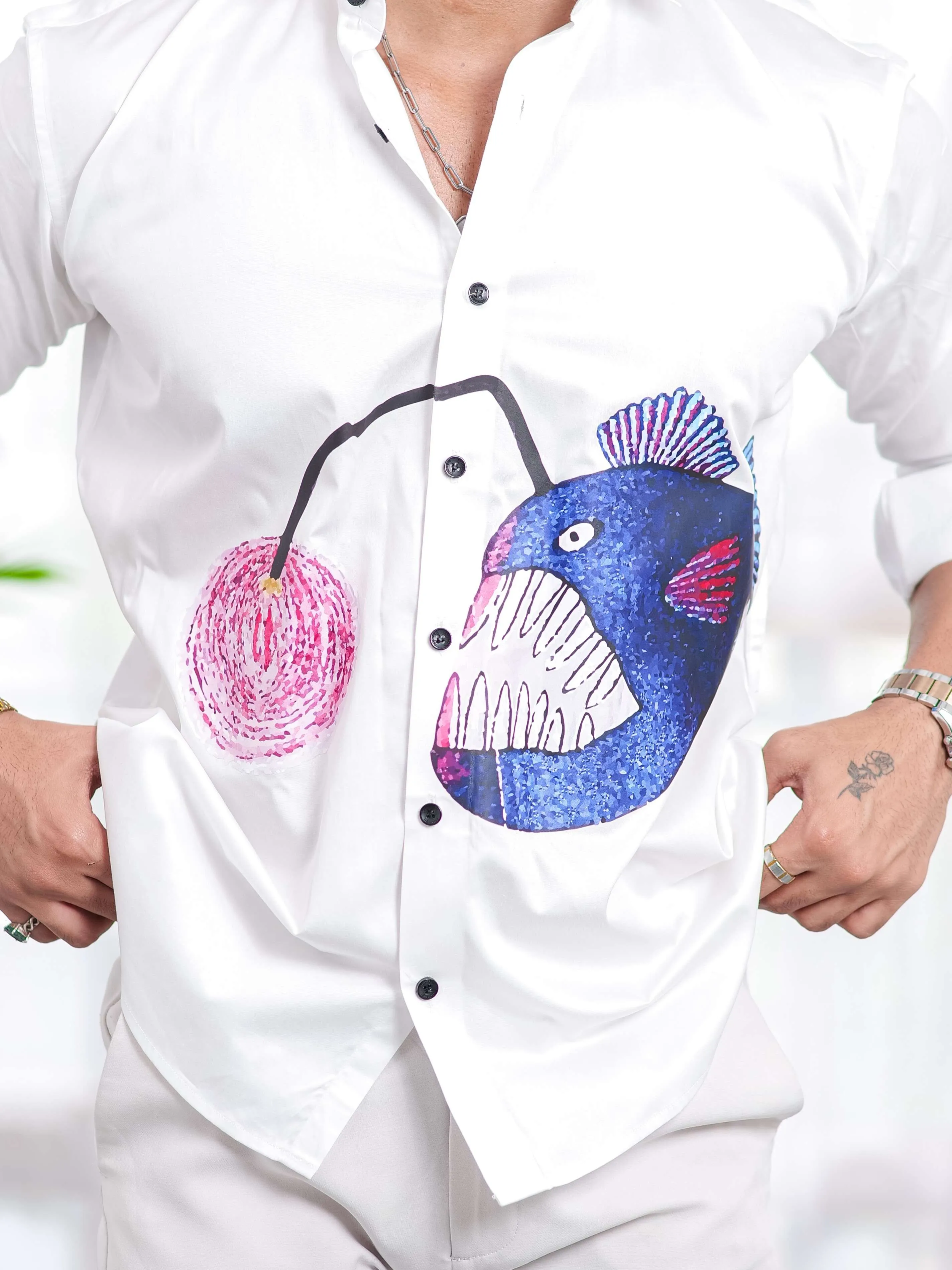 Blue Fish White Club Wear Printed Satin Cotton Shirt