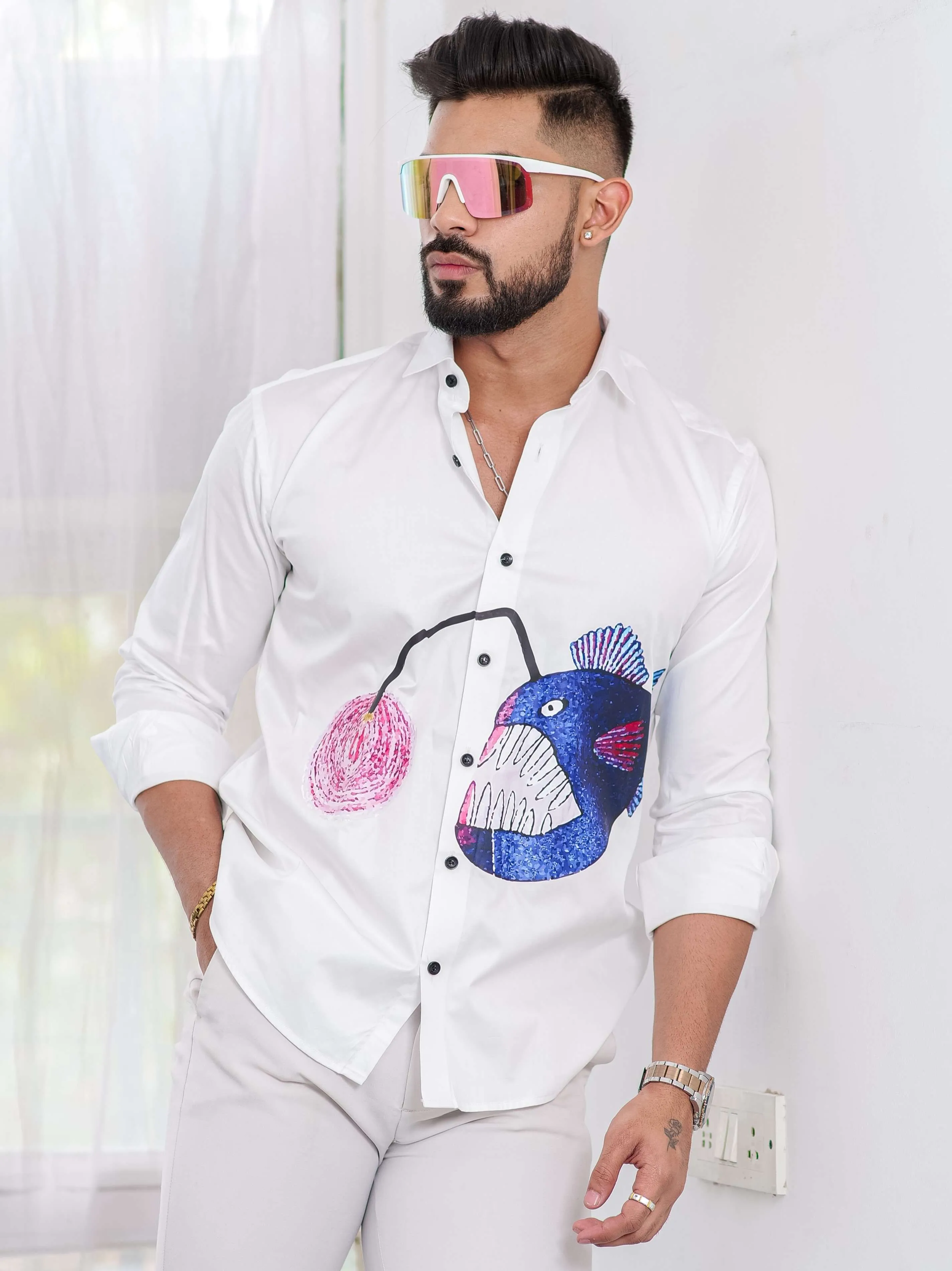 Blue Fish White Club Wear Printed Satin Cotton Shirt