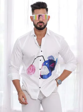 Blue Fish White Club Wear Printed Satin Cotton Shirt