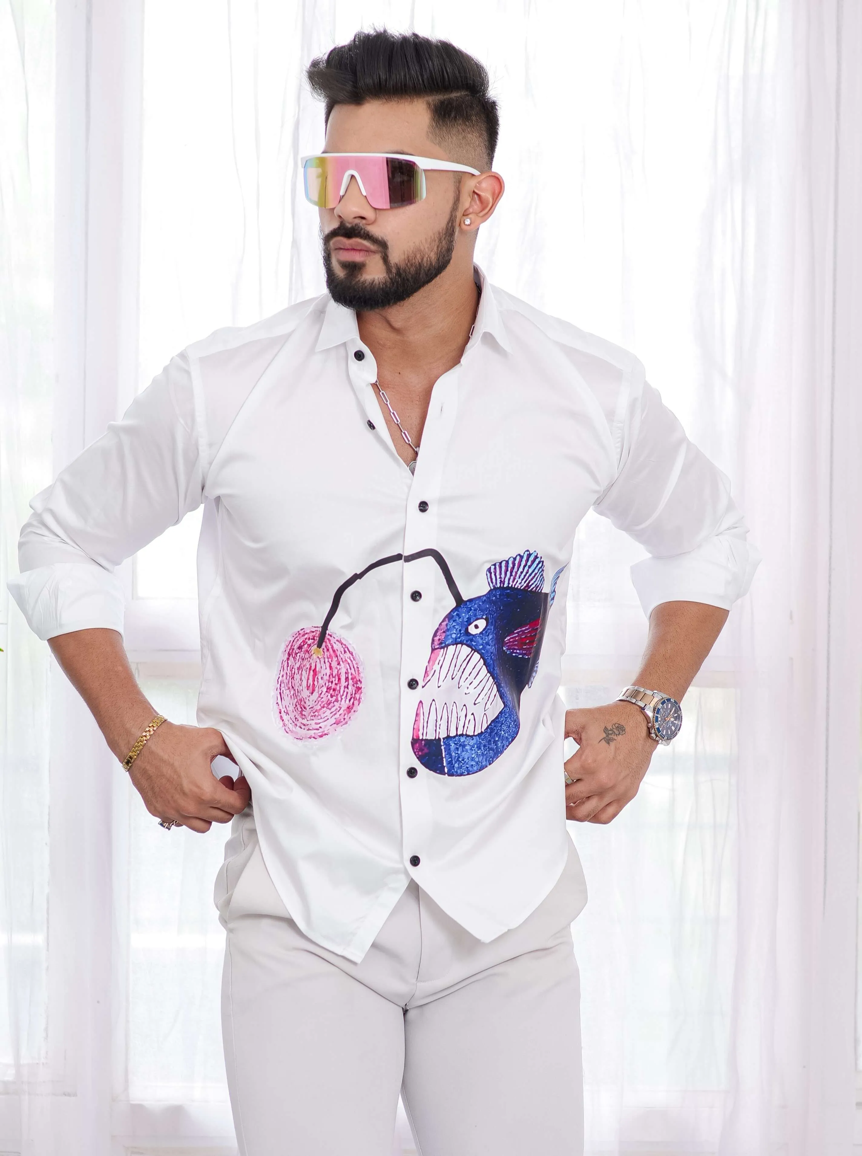 Blue Fish White Club Wear Printed Satin Cotton Shirt