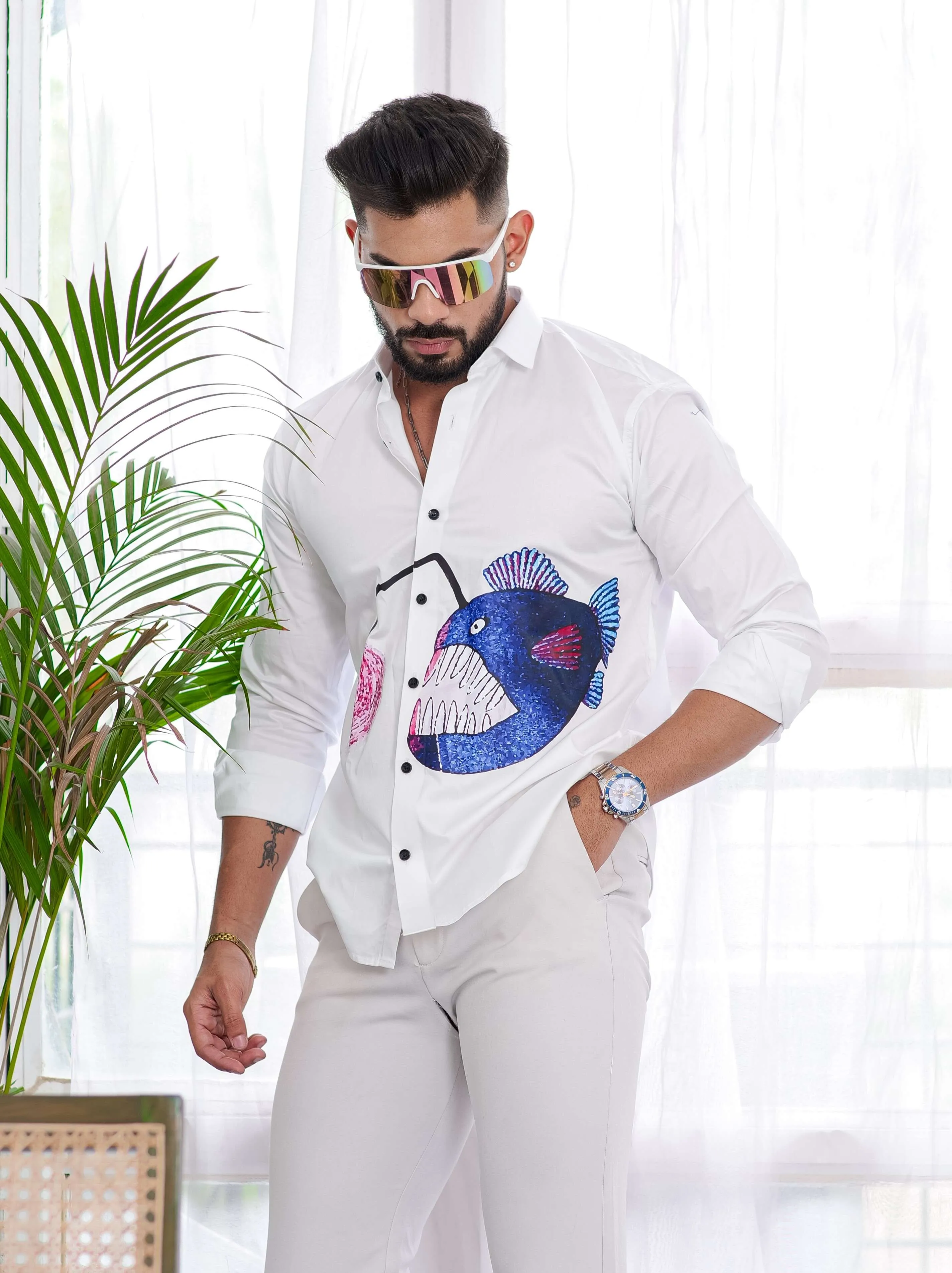 Blue Fish White Club Wear Printed Satin Cotton Shirt