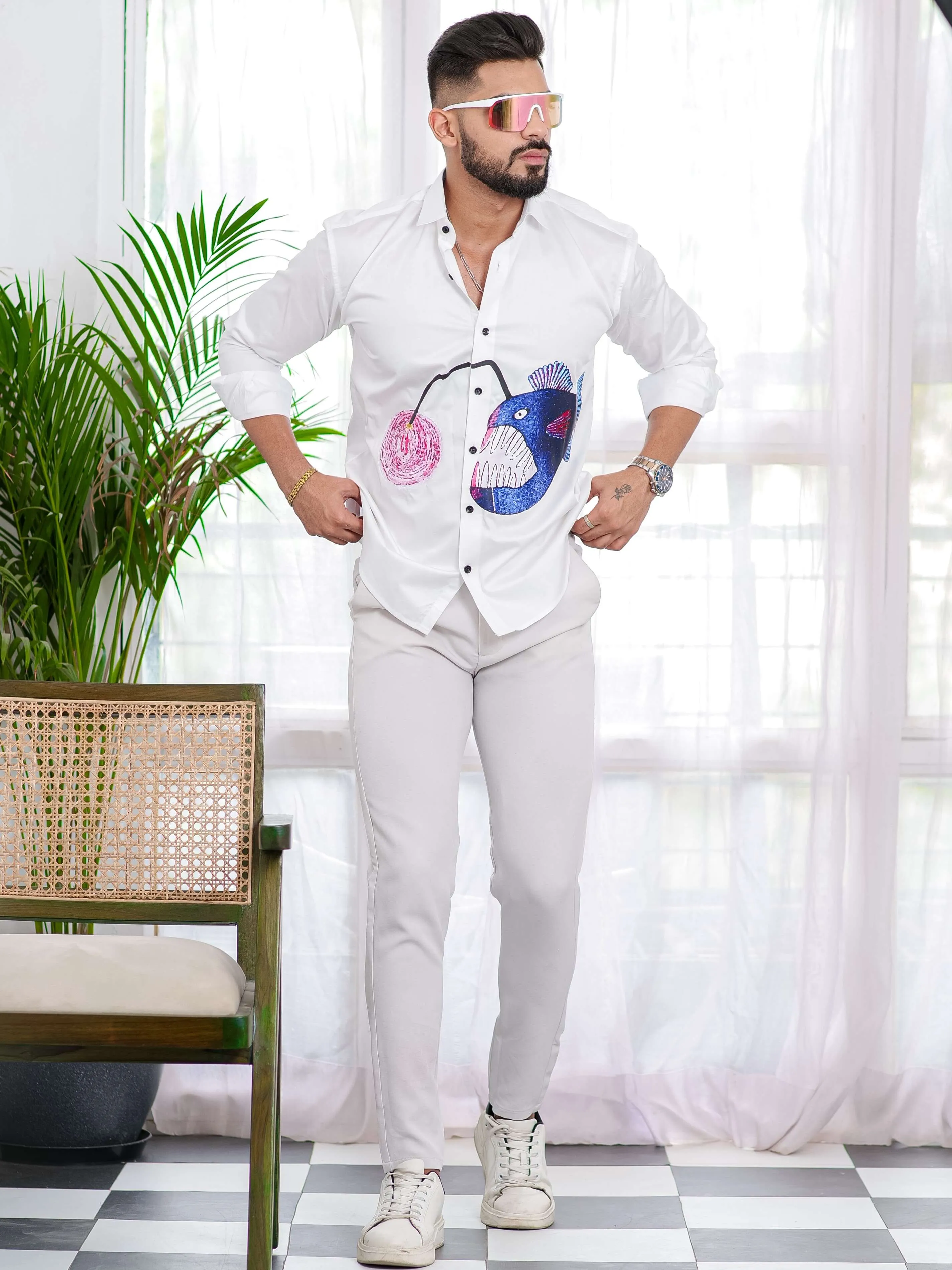 Blue Fish White Club Wear Printed Satin Cotton Shirt