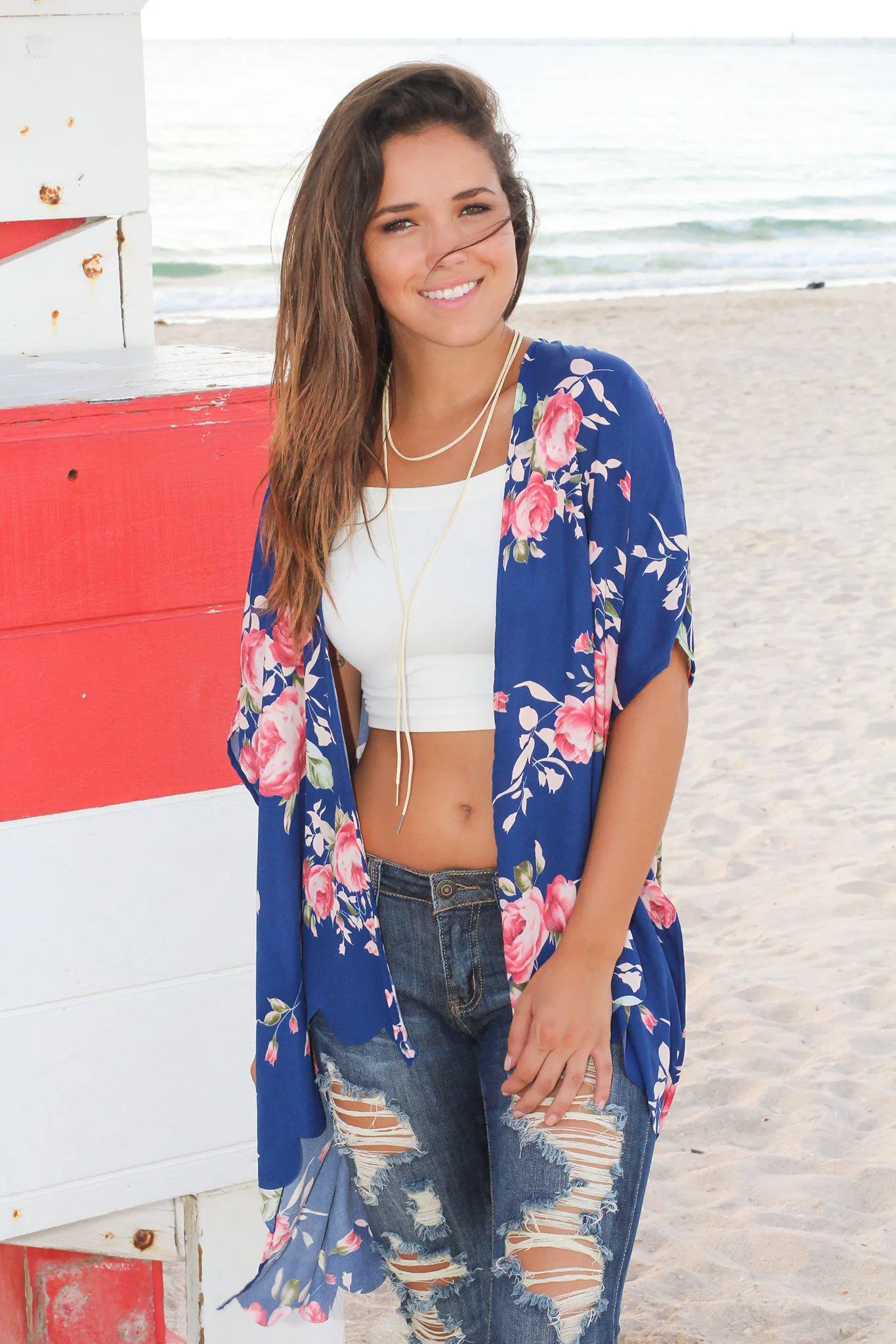 Blue Floral Scalloped Kimono
