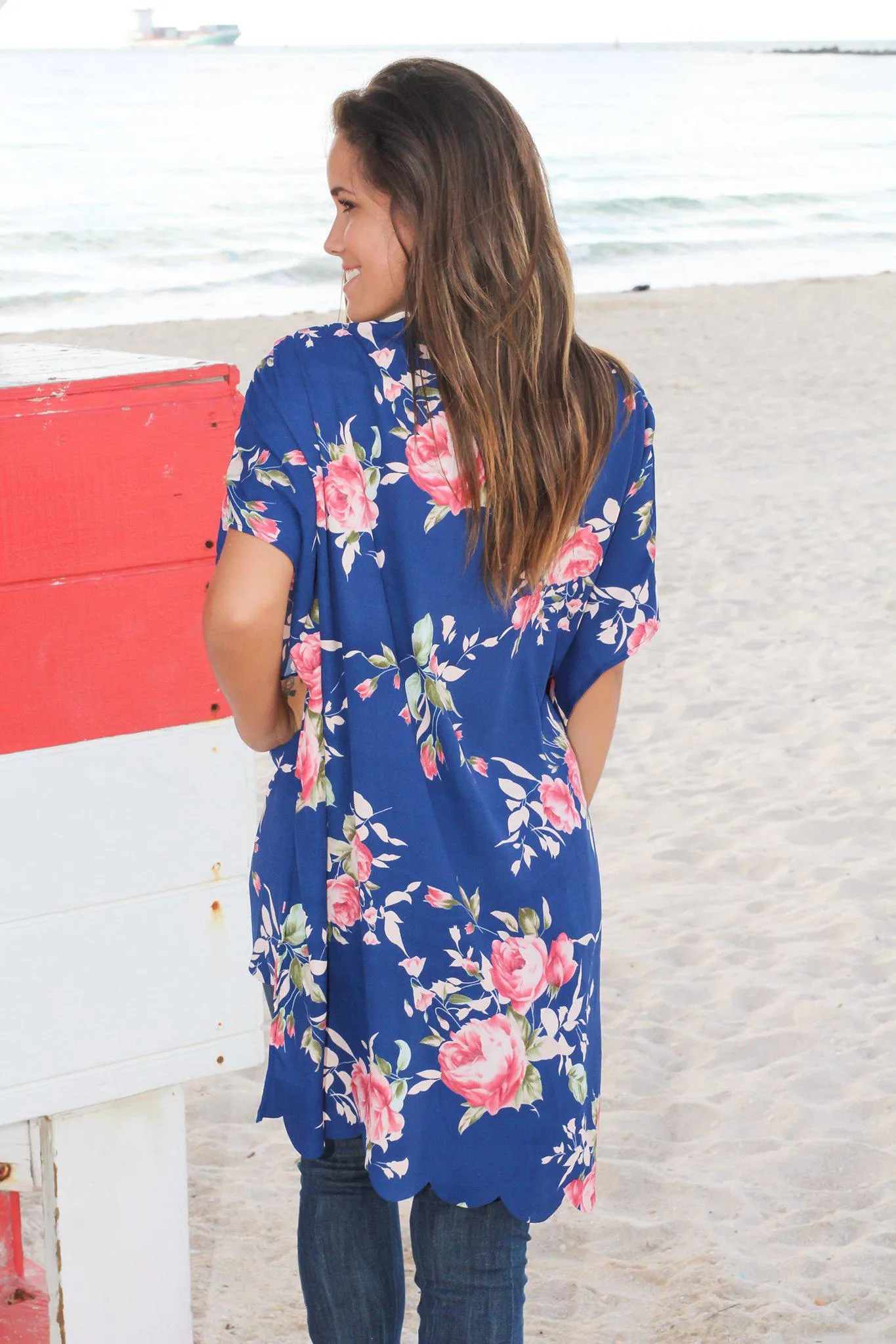 Blue Floral Scalloped Kimono