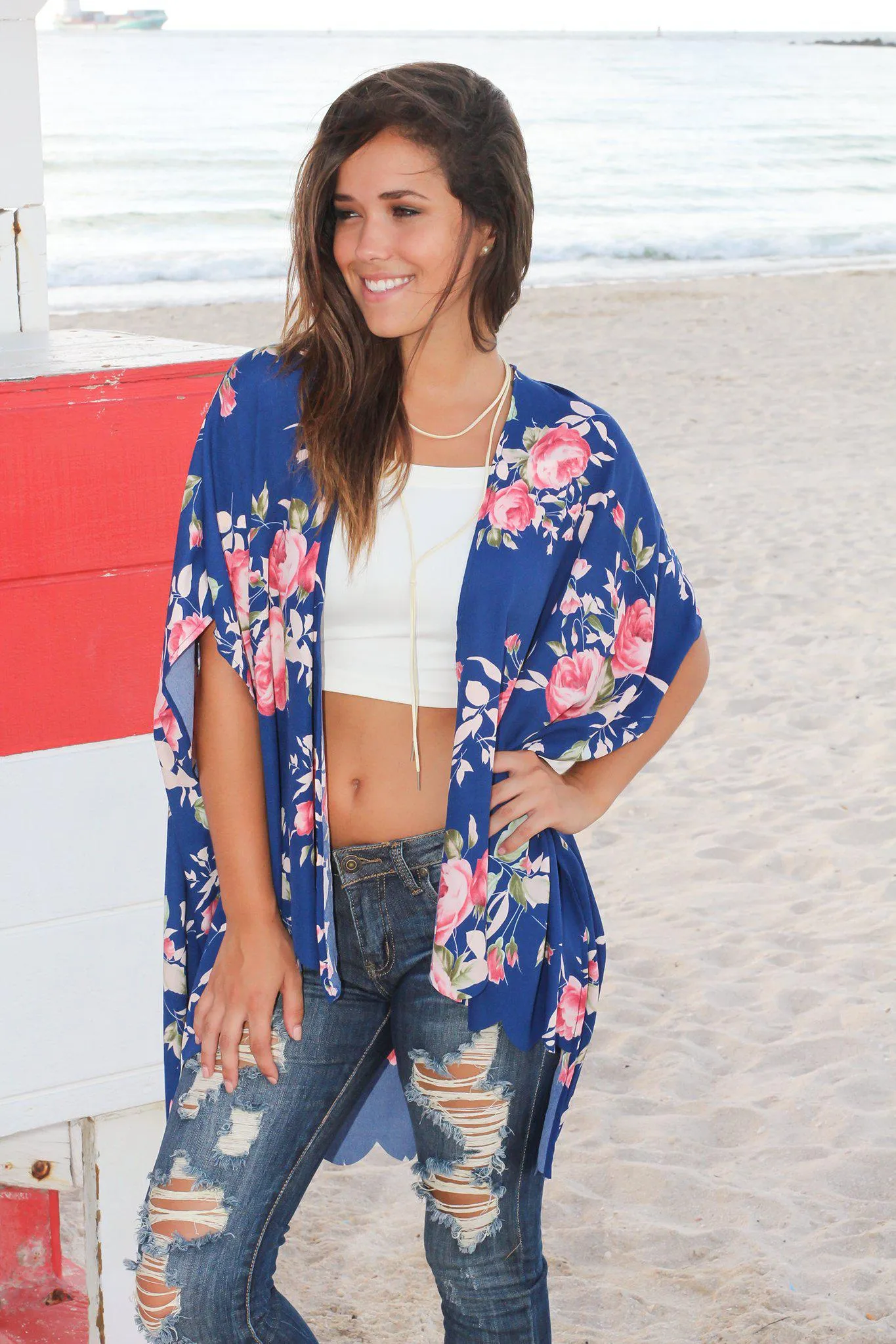 Blue Floral Scalloped Kimono