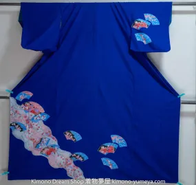 Blue Polyester Houmongi - Washable Floral Fans Kimono - Acer Palmatum Peonies Botan Cranes Shippo