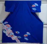 Blue Polyester Houmongi - Washable Floral Fans Kimono - Acer Palmatum Peonies Botan Cranes Shippo