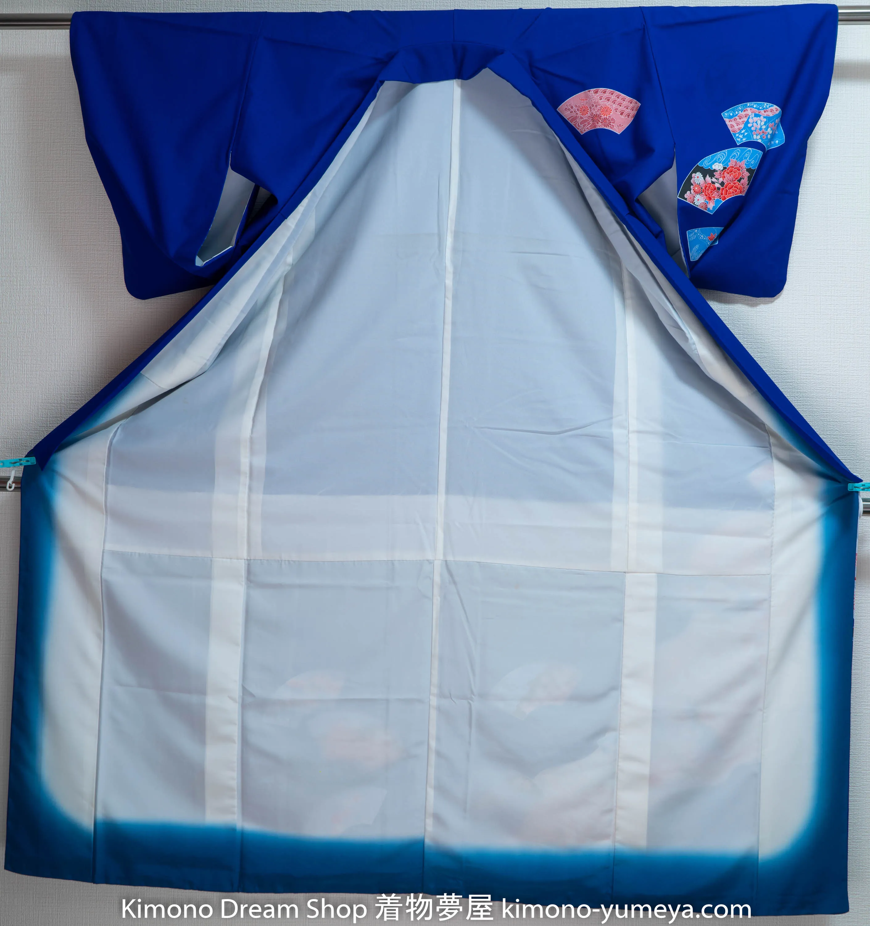 Blue Polyester Houmongi - Washable Floral Fans Kimono - Acer Palmatum Peonies Botan Cranes Shippo