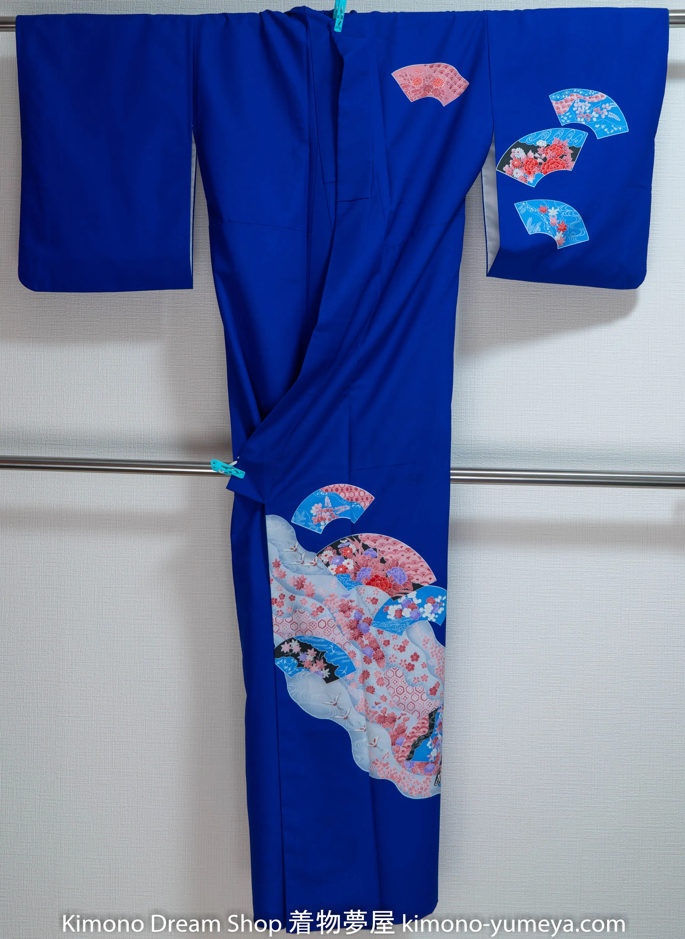 Blue Polyester Houmongi - Washable Floral Fans Kimono - Acer Palmatum Peonies Botan Cranes Shippo