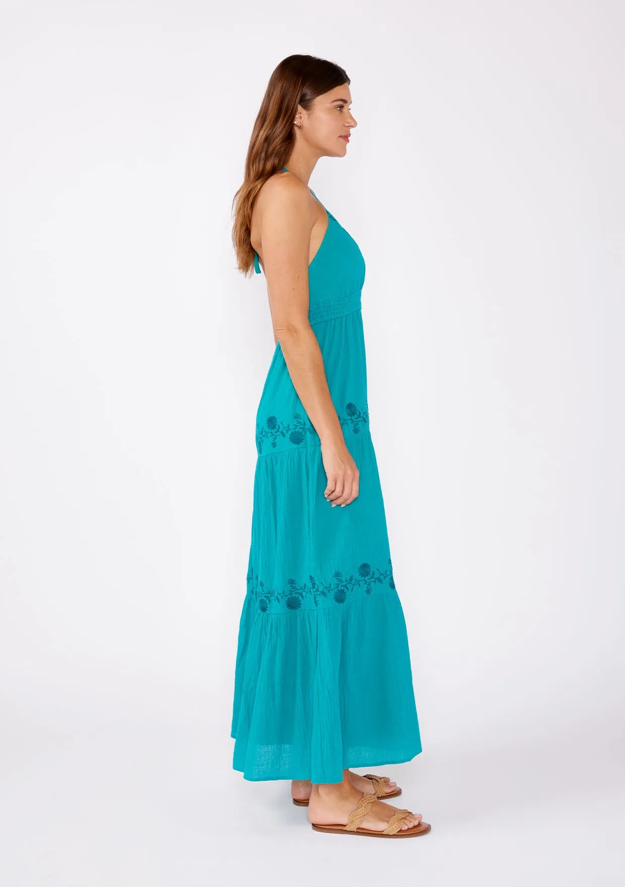 Boho Embroidered V Neck Tiered Halter Maxi Dress