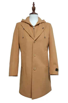 Camel Wool Slim Fit Top Coat with Hoodie