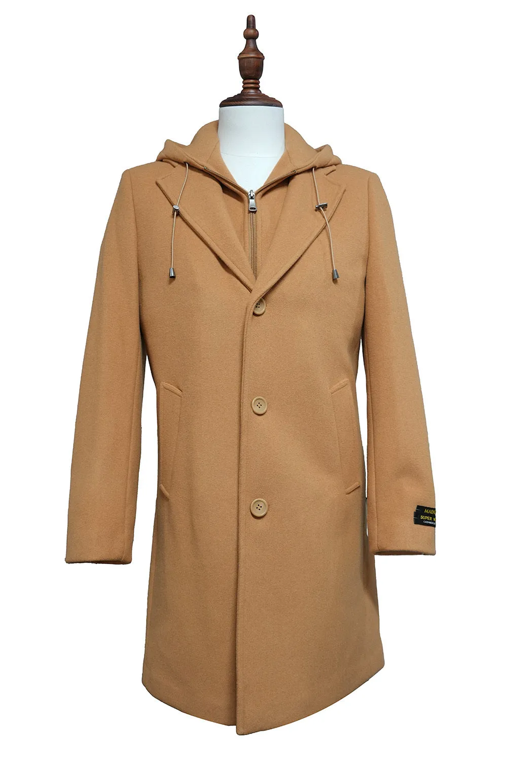 Camel Wool Slim Fit Top Coat with Hoodie