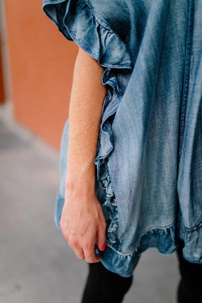 Chambray Ruffle Open Loose Kimono
