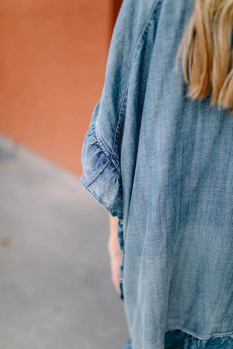 Chambray Ruffle Open Loose Kimono