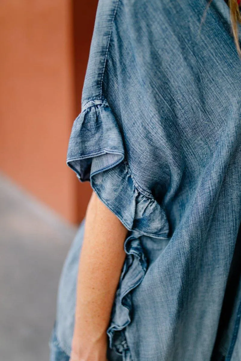 Chambray Ruffle Open Loose Kimono