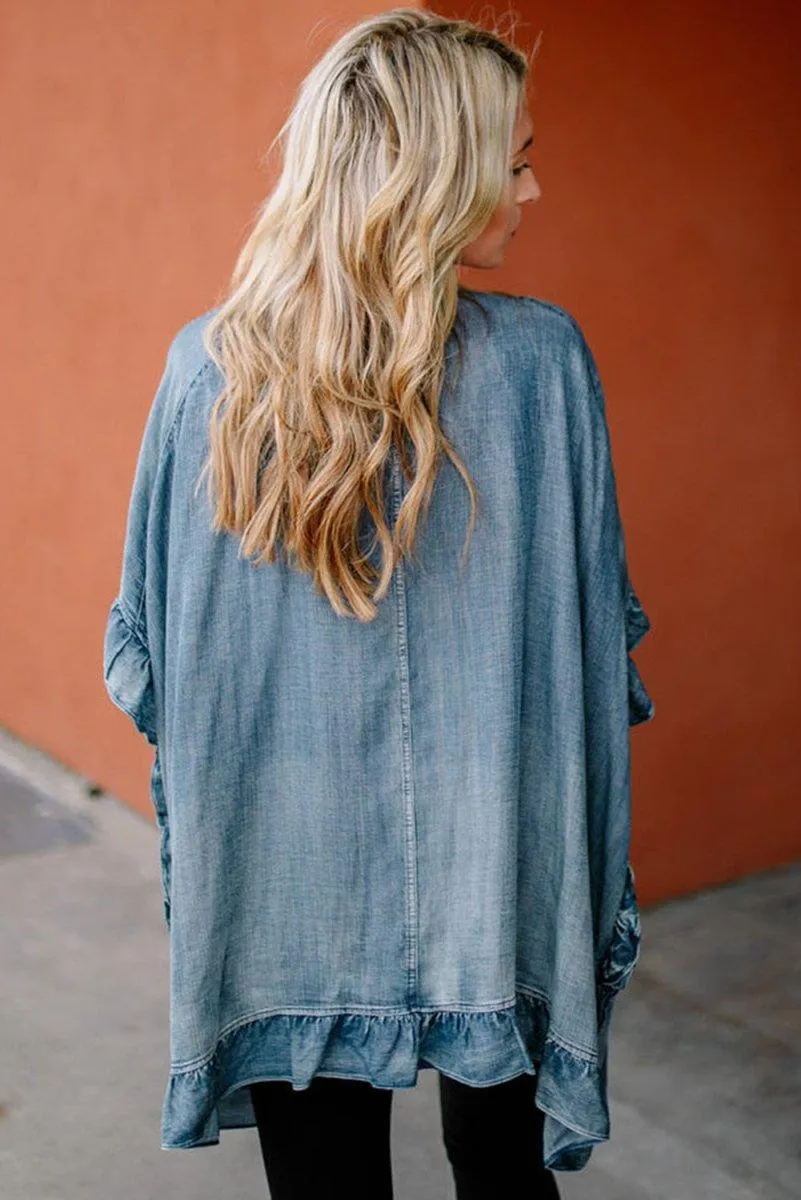 Chambray Ruffle Open Loose Kimono