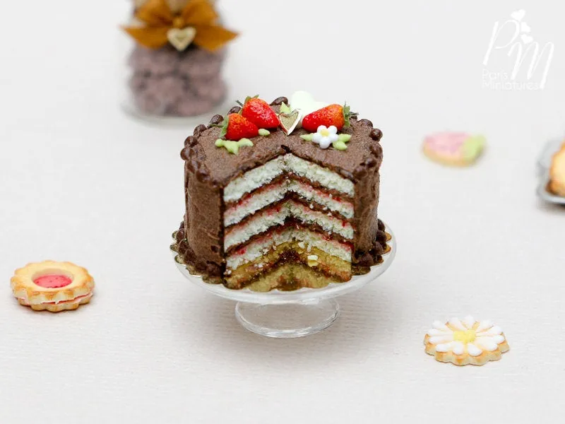 Chocolate and Strawberry Layer Cake - Miniature Food in 12th Scale
